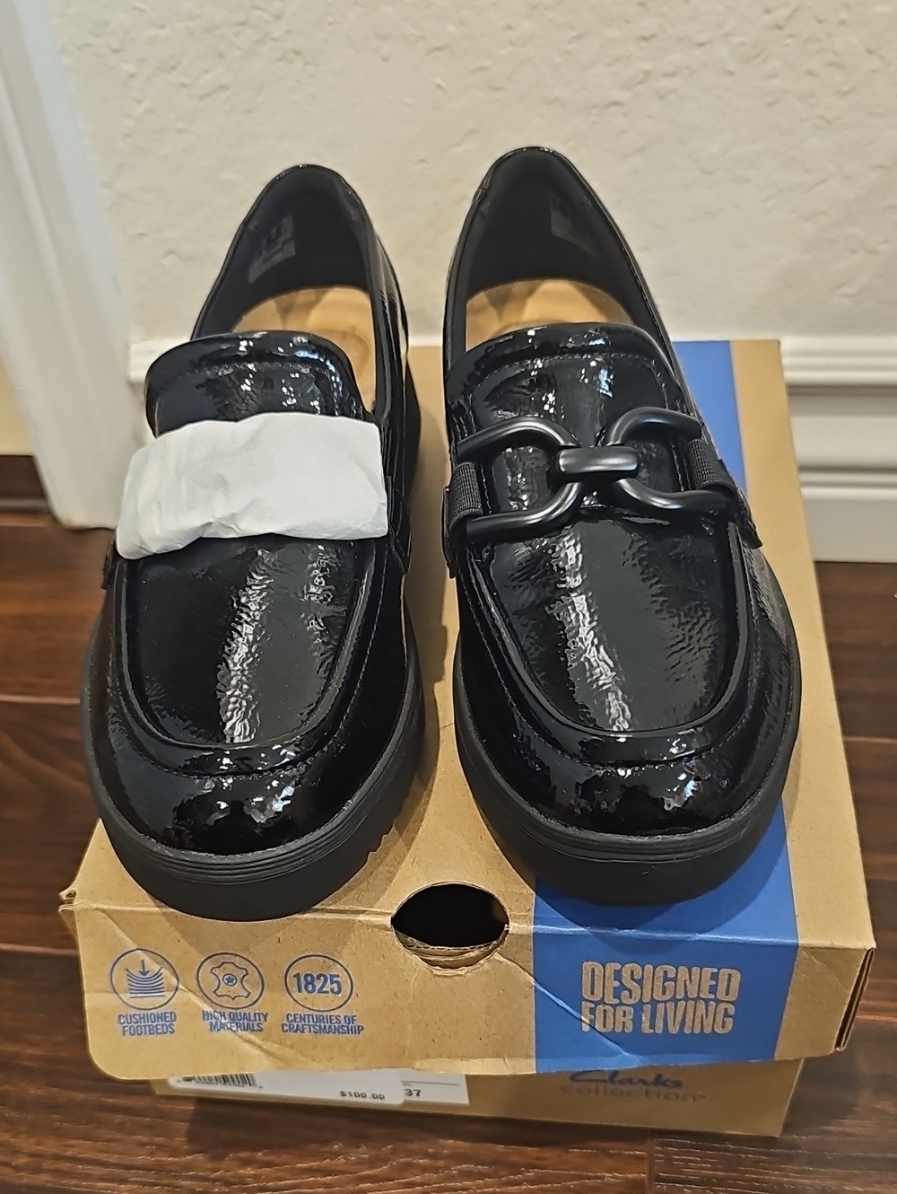 Clark's Zylah Shoes Size 6.5 Black Crinkle Patent NWT